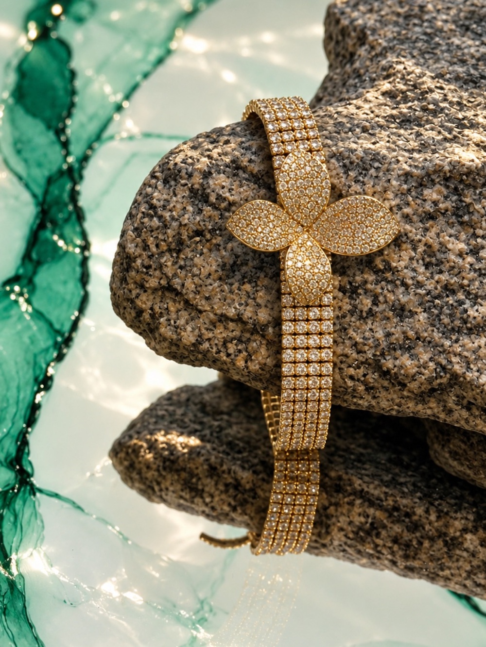 Gold Tone Crystal Flower Statement Bracelet Sparkling Floral Glam Jewelry
